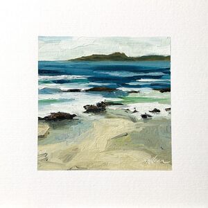 8x8 Original Oil Painting Seascape New England Coastal Beach Rocks Waves Signed